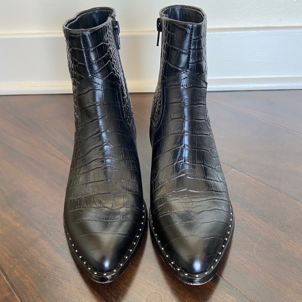 Something Navy black snake booties